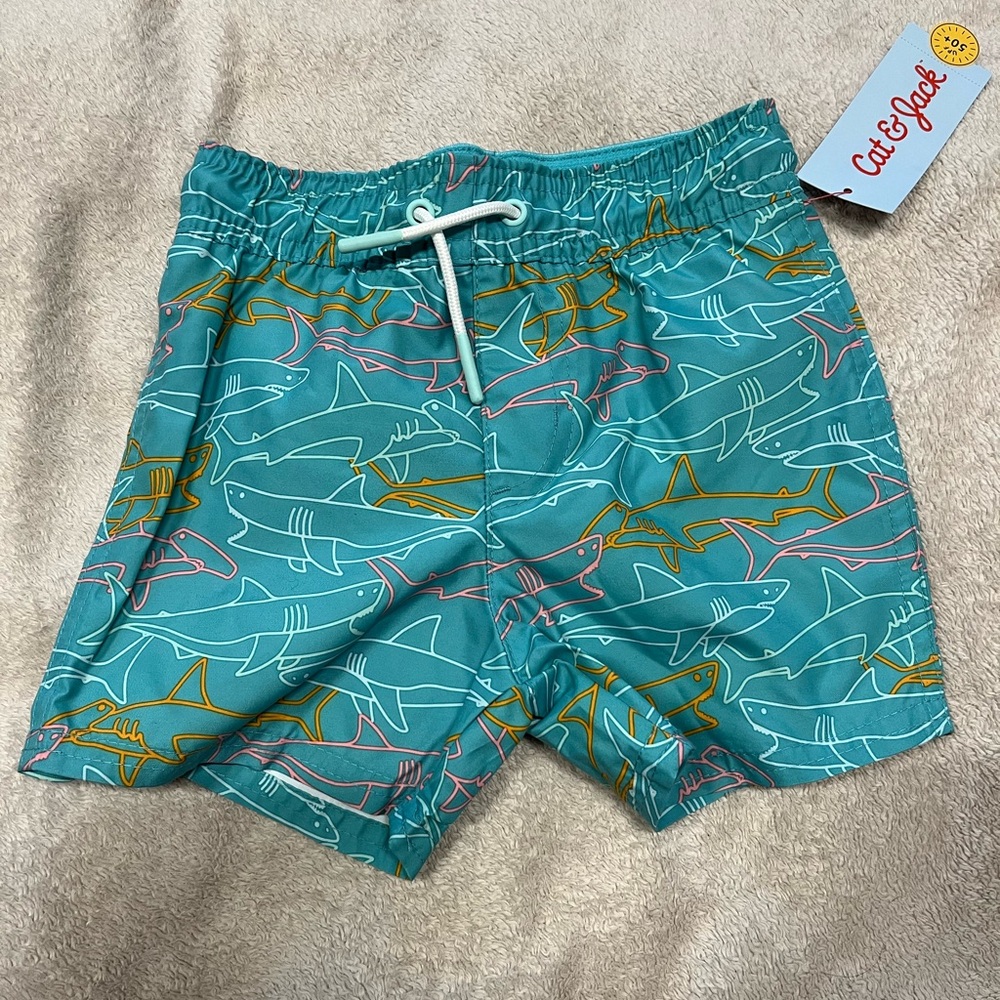 Cat & Jack Toddler Boy Blue Shark Print Swim Shorts NWT 2T